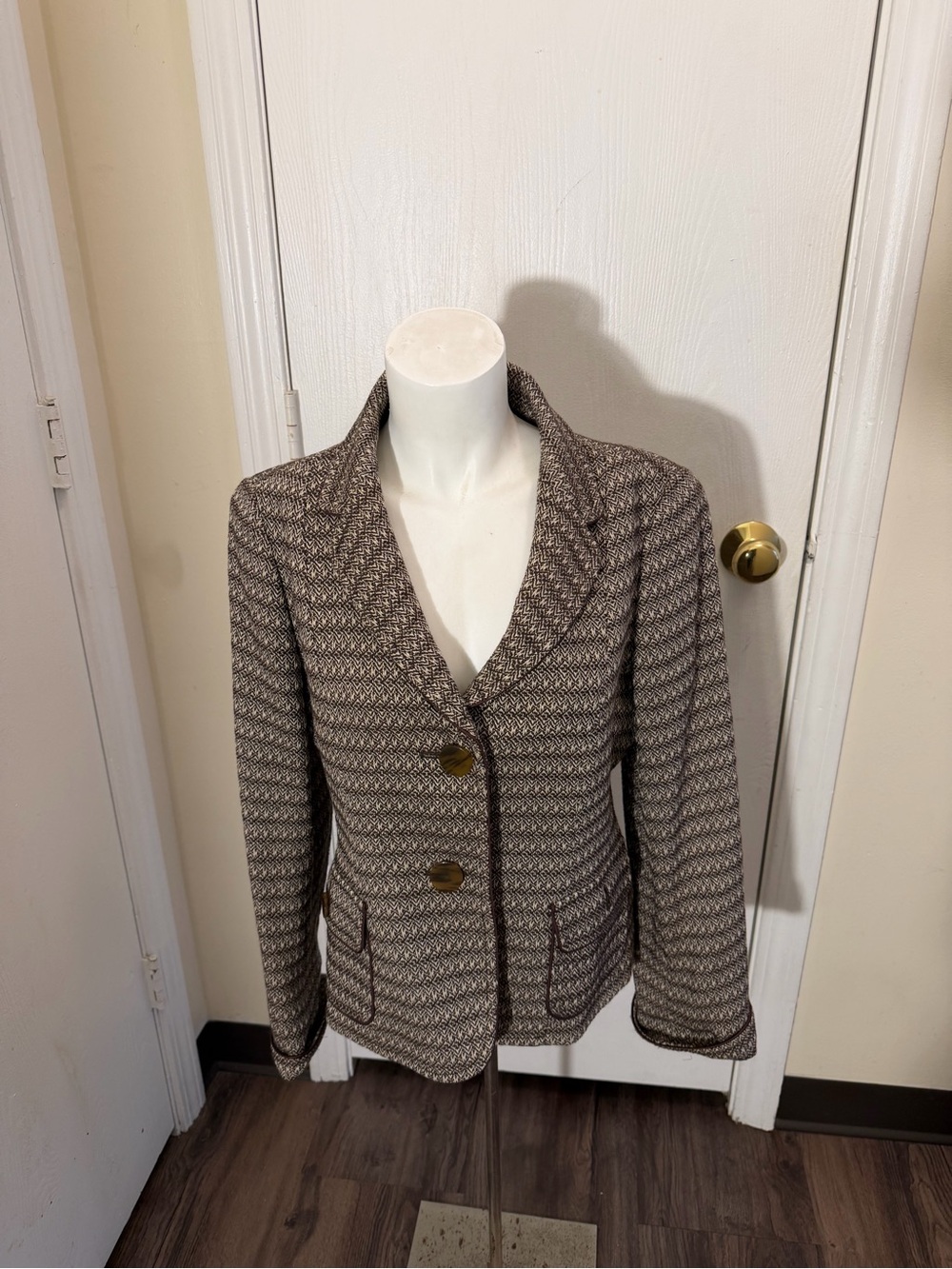 Talbots Women’s 8 Tweed Blazer Brown Checked Business Suit Jacket Buttons